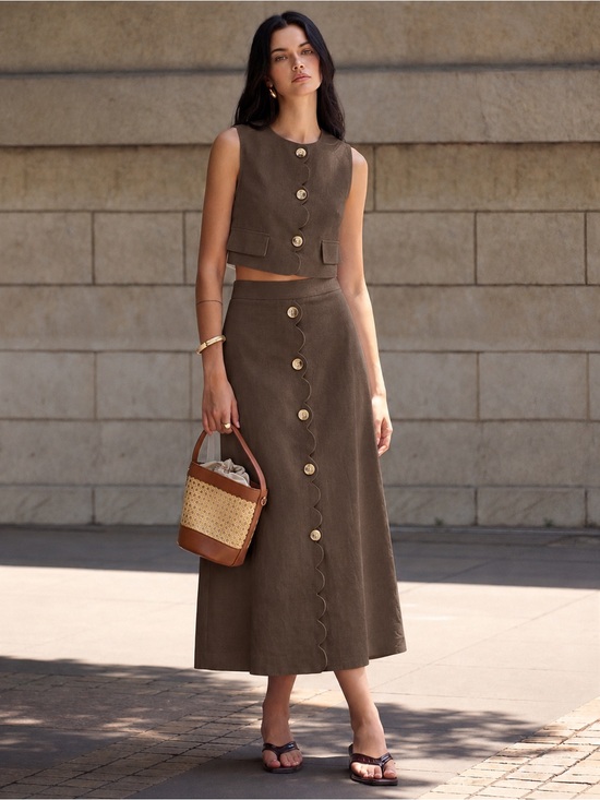 Commense Dresses & Skirts - COMMENSE Cotton/Linen Scallop-Button Midi Skirt Set in Dark Brown